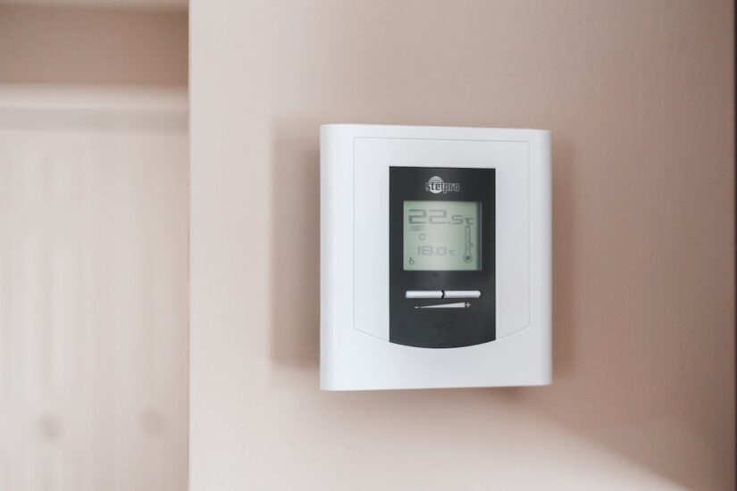 Home thermostat in a living room